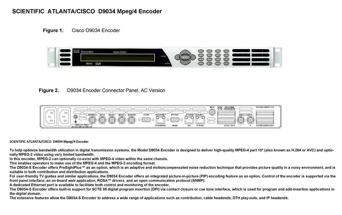 D9034 - Mpeg/4 Encoder DVBT Asi Cisco Scientific Atlanta