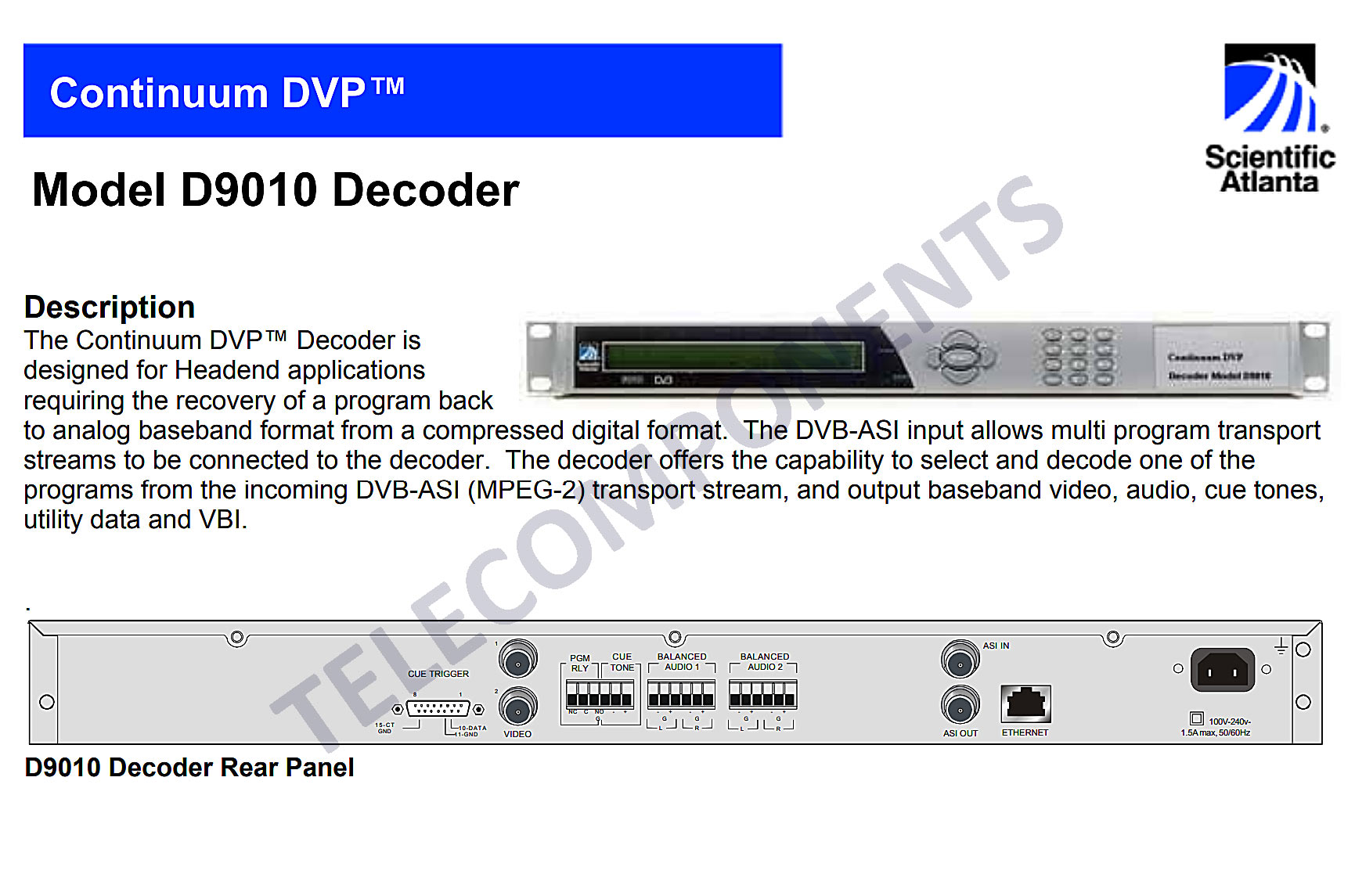 D9010 - Mpeg/2 Decoder DVBT Asi Cisco Scientific Atlanta